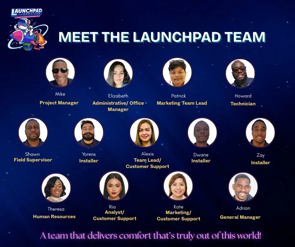 Meet the Launchpad Services team — project managers, installers, technicians, and customer support staff with names and roles